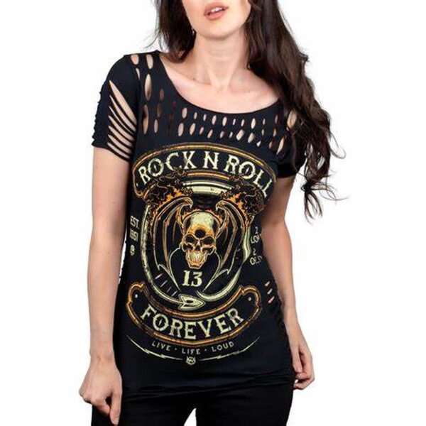 WORNSTAR Damen Sirens Collection Rock N Roll Forever Cut Tee T-Shirt schwarz