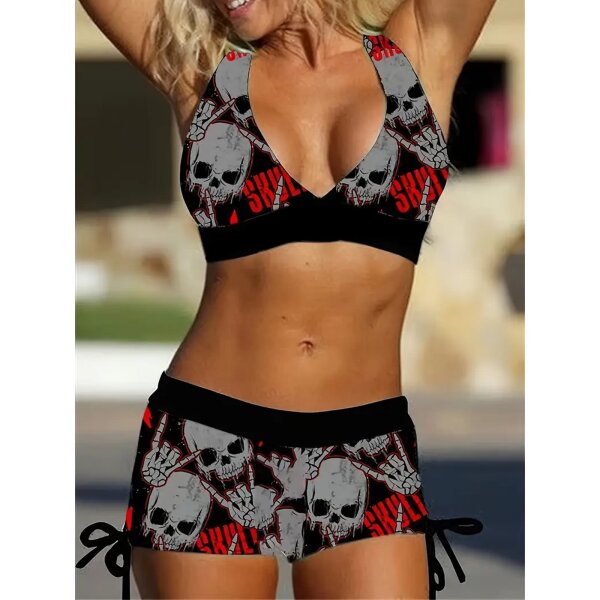 ROCK-HUS Bikini Heavy Skulls Rot Schwarz Grau