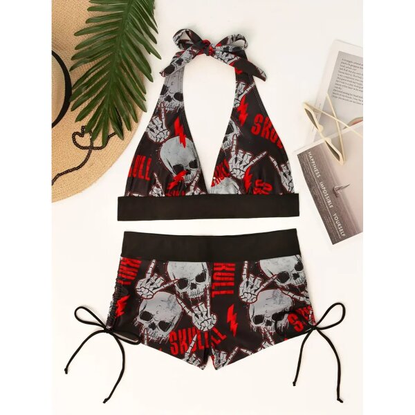 ROCK-HUS Bikini Heavy Skulls Rot Schwarz Grau