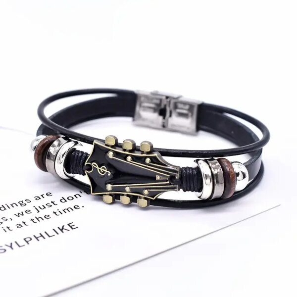 ROCK-HUS Lederarmband mit Gitarrenkopfplatte