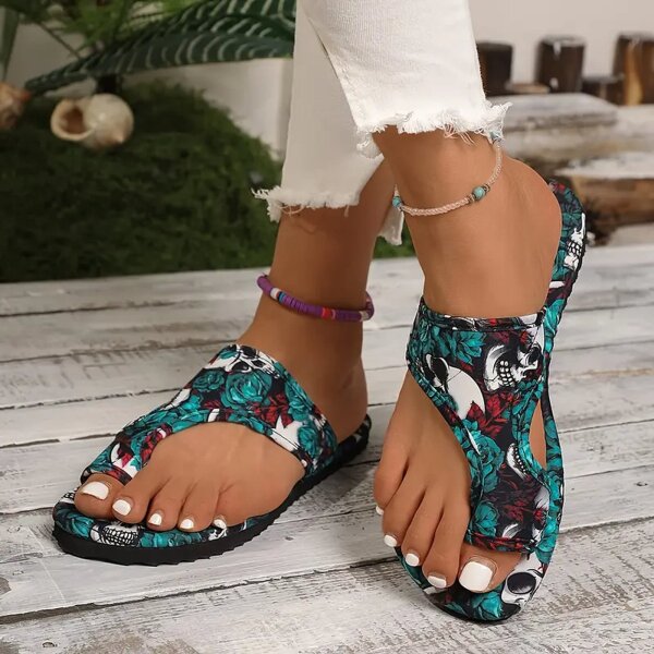 ROCK-HUS Sandalen Grüne Rosen mit Totenkopf