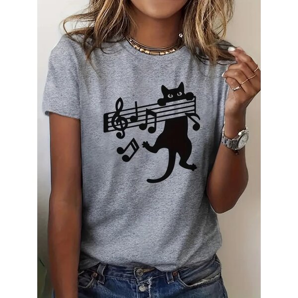 ROCK-HUS Damen T-Shirt Katze hängt an Noten GROSS