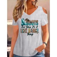ROCK-HUS T-Shirt Shoulder Cut Out Line Dance