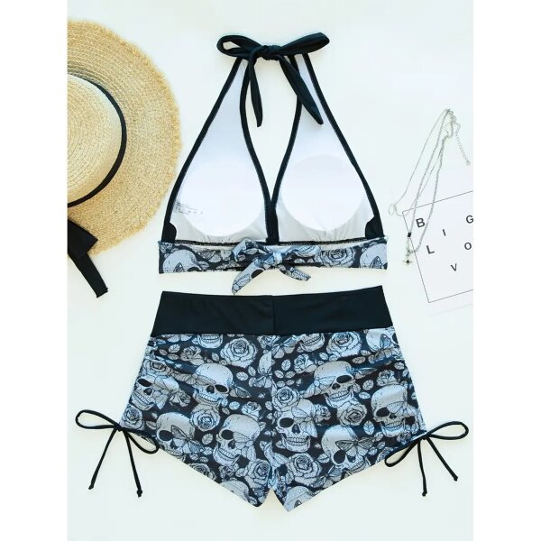 ROCK-HUS Bikini Grau/Schwarz Skull - Butterfly - Roses