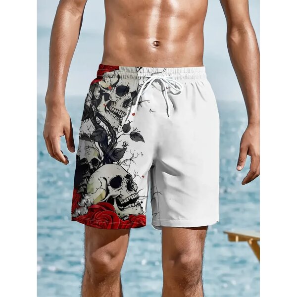 ROCK-HUS Herren Shorts - Badehose Weiß Skull´n Roses