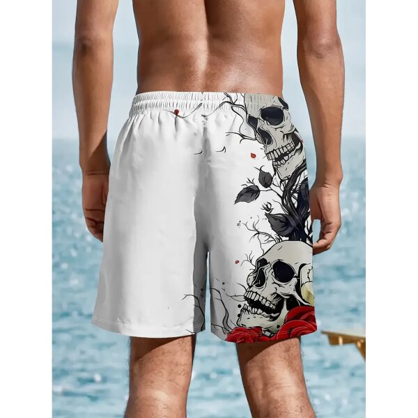 ROCK-HUS Herren Shorts - Badehose Weiß Skull´n Roses