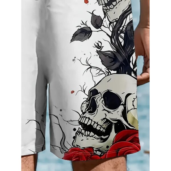 ROCK-HUS Herren Shorts - Badehose Weiß Skull´n Roses