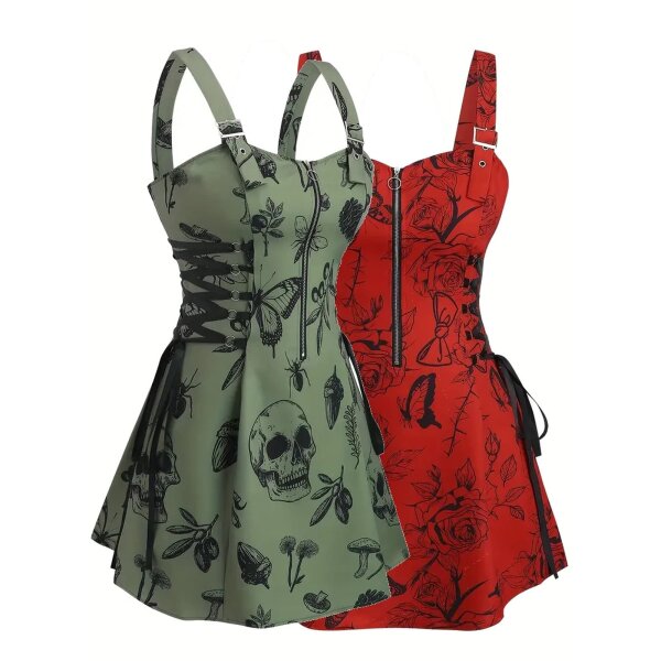 ROCK-HUS Kleid S bis Plus Size "Skull´n Nature" Rot oder Nato Grün