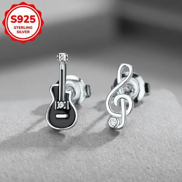 ROCK-HUS Ohrstecker Bassgitarre und NotenschlÃ¼ssel 925er Sterling Silber