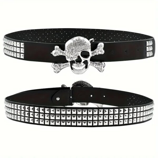 ROCK-HUS Gürtel Skull´n Bones Strass Schnalle flache Nieten