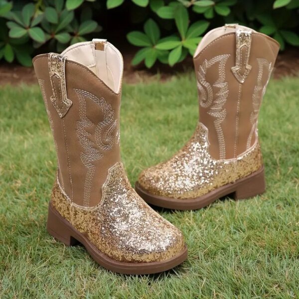 ROCK-HUS Cowboystiefel Braun Glitzer Gold