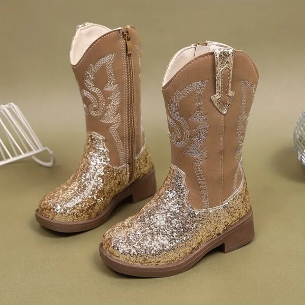 ROCK-HUS Cowboystiefel Braun Glitzer Gold