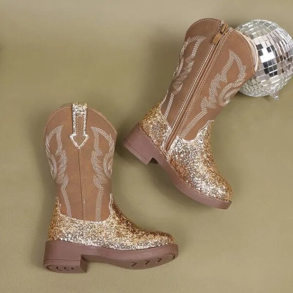 ROCK-HUS Cowboystiefel Braun Glitzer Gold