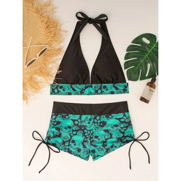 ROCK-HUS Bikini Panty Schwarz/Grün Skull - Butterfly - Roses