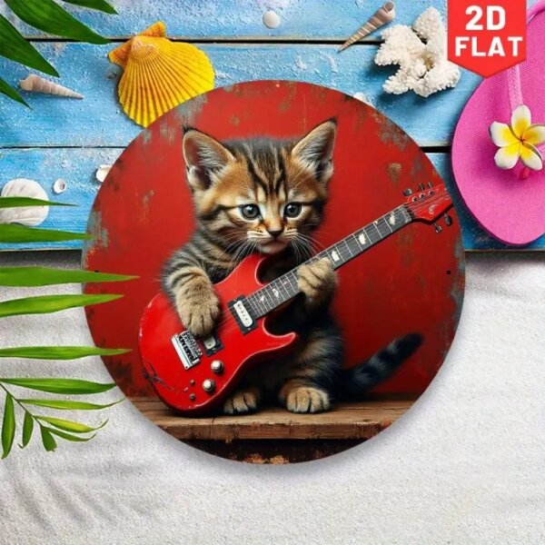 ROCK-HUS Metallschild Rund Katze mit Teisco-Strat