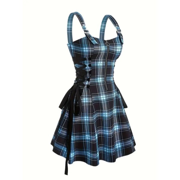 ROCK-HUS Kleid mit seitlicher Schnürung Blau-Schwarz kariert M