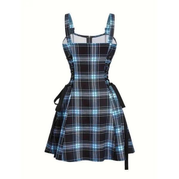 ROCK-HUS Kleid mit seitlicher Schnürung Blau-Schwarz kariert M