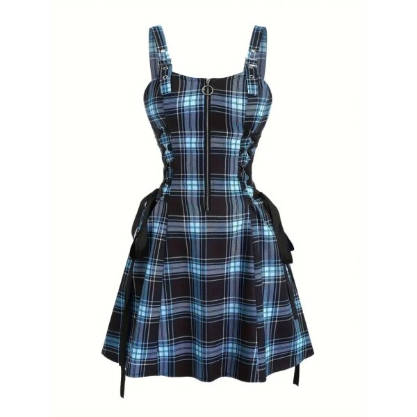 ROCK-HUS Kleid mit seitlicher Schnürung Blau-Schwarz kariert M