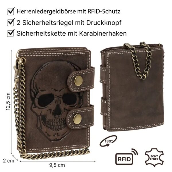 ROCK-HUS Geldbörse Portemonnaie Leder Totenkopf mit Kette Hochkant