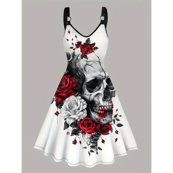 ROCK-HUS Damen Kleid Weiss Totenkopf mit Rose