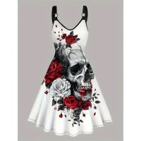 ROCK-HUS Damen Kleid Weiss Totenkopf mit Rose