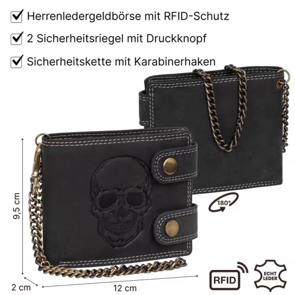 ROCK-HUS Geldbörse Portemonnaie Leder Totenkopf mit Kette Querformat