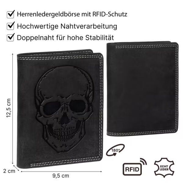 ROCK-HUS Geldbörse Portemonnaie Leder Totenkopf Hochformat