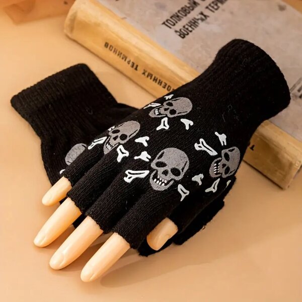 ROCK-HUS Damen Fingerlose Handschuhe Totenkopf Schwarz Totenkopf mit Knochen Silber/Weiss