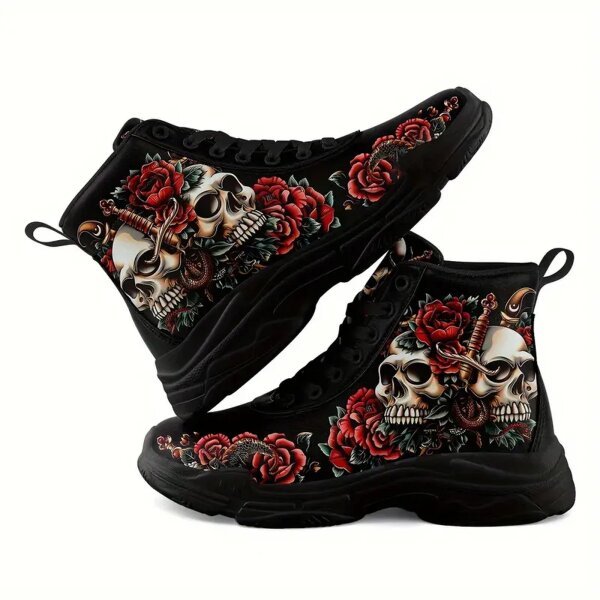 ROCK-HUS Damen Stiefel Schwarz Totenkopf Rosen Schwert